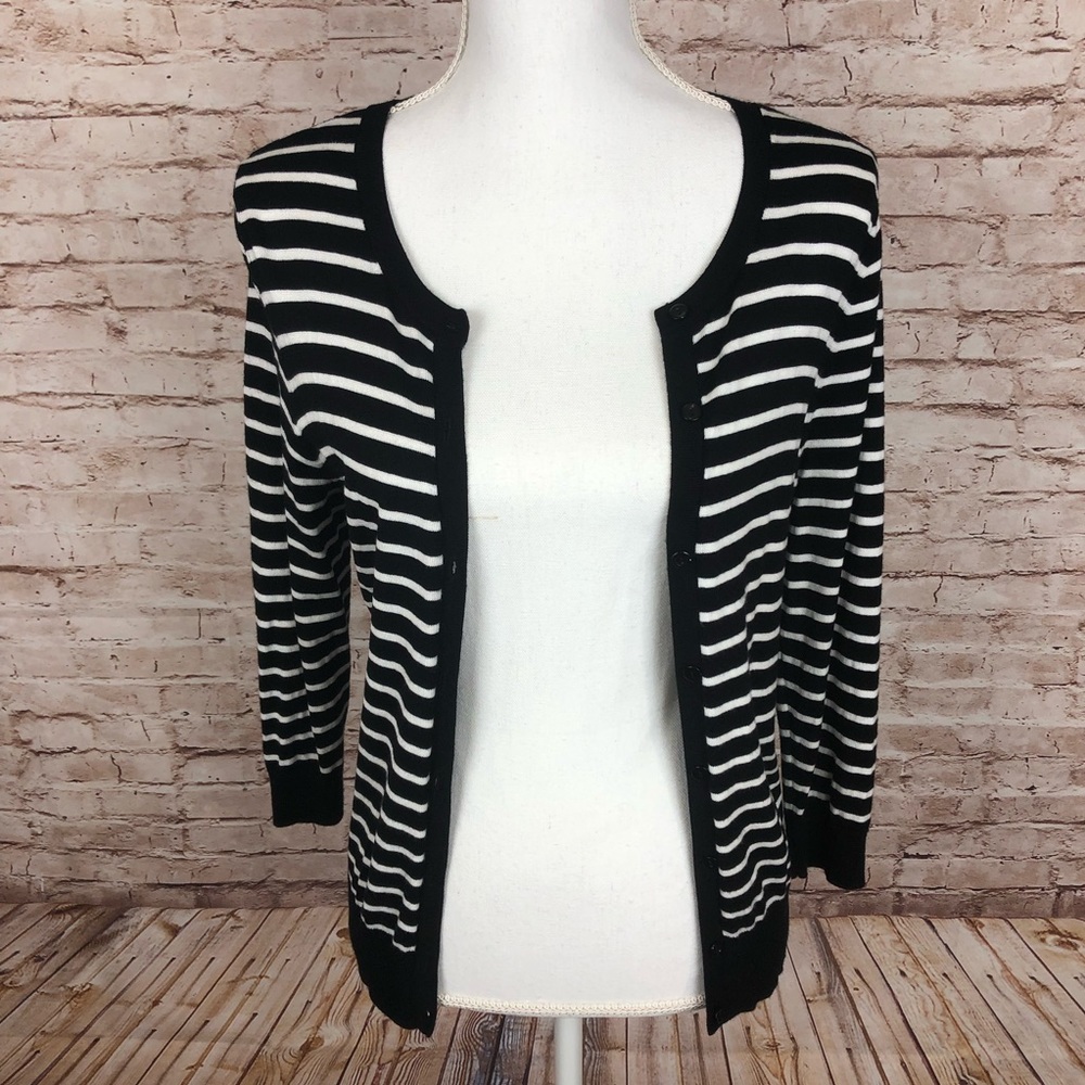 Halogen Black White Striped Button-Up Cardigan Size M Preppy Classic EUC